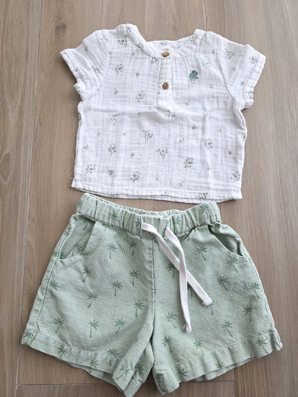 Toddler Two-Piece Set - White Floral Top & Mint Green Palm Shorts